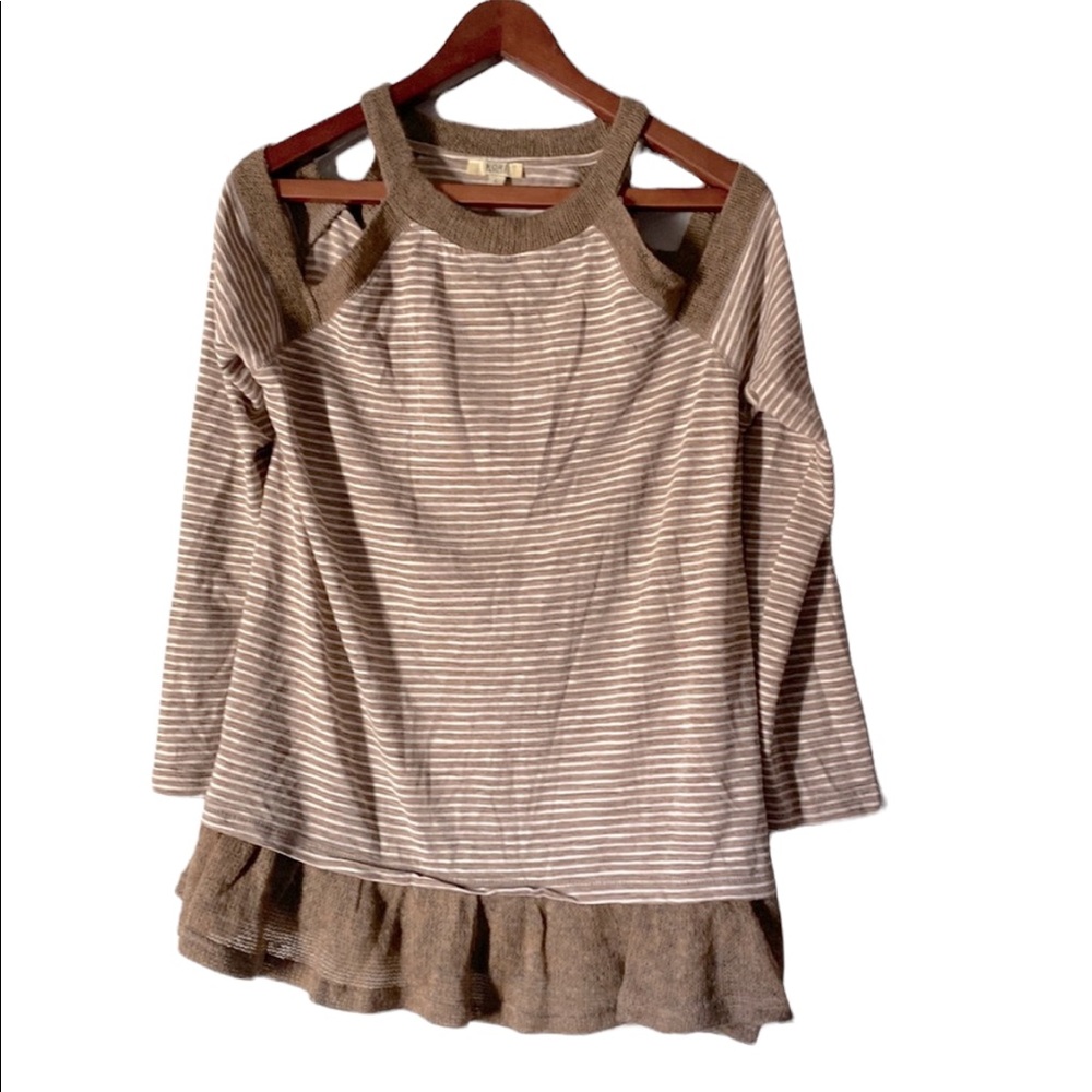 Women’s Kori America Cold Shoulder Taupe/Cream Striped Sweater